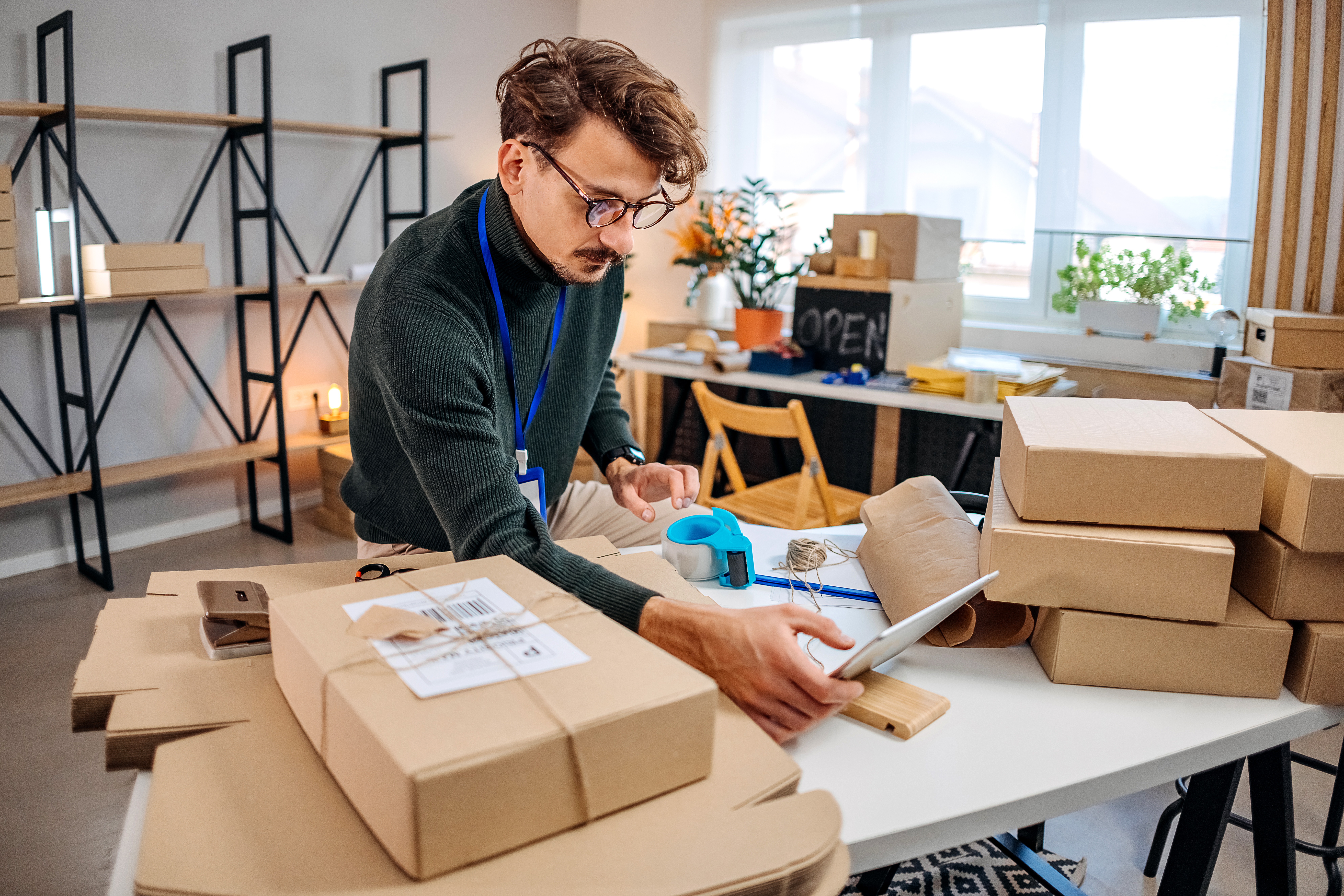 Empreendedor gerenciando pacotes de logística reversa