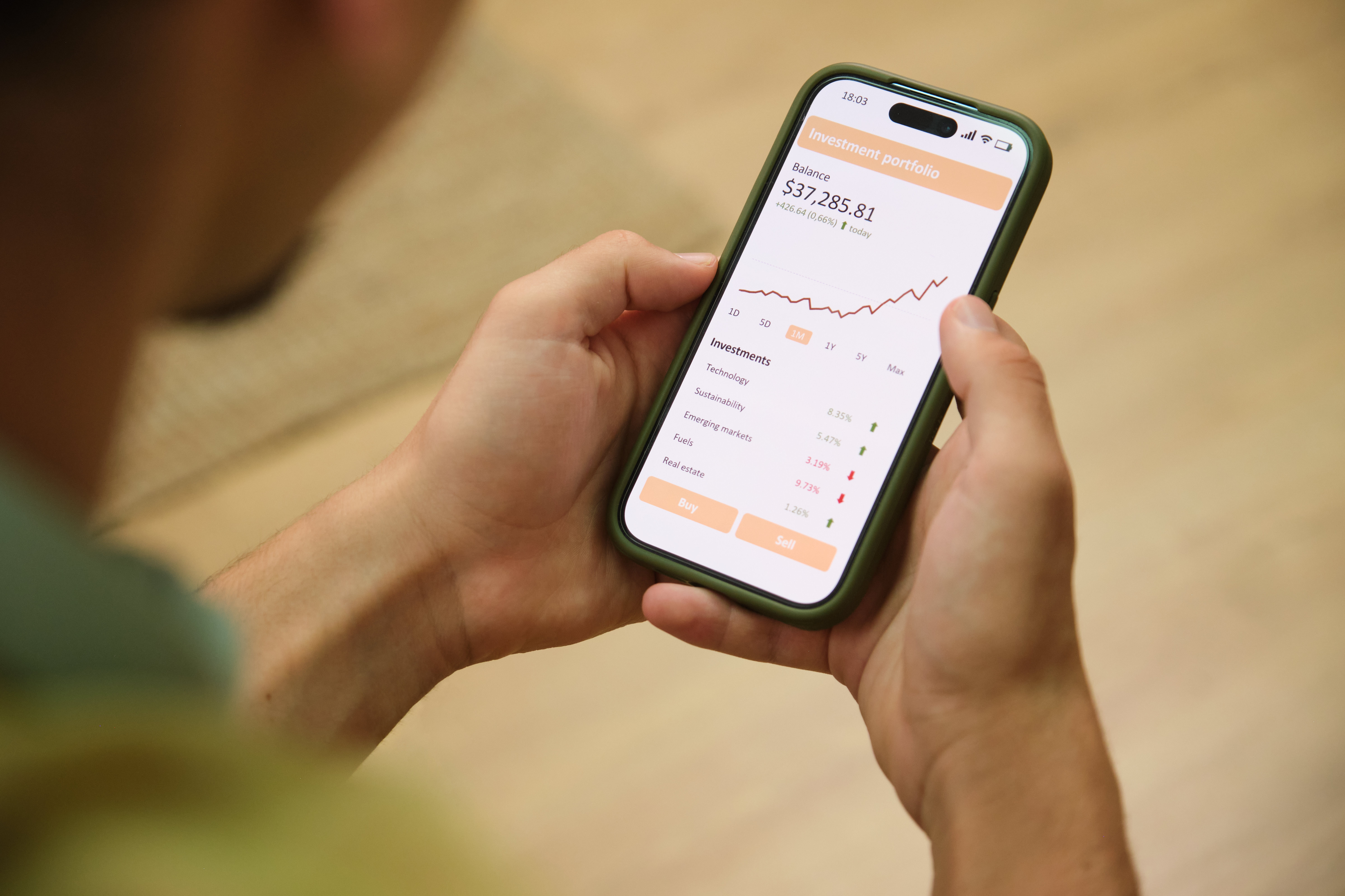 Aplicativo de celular mostrando rendimentos financeiros