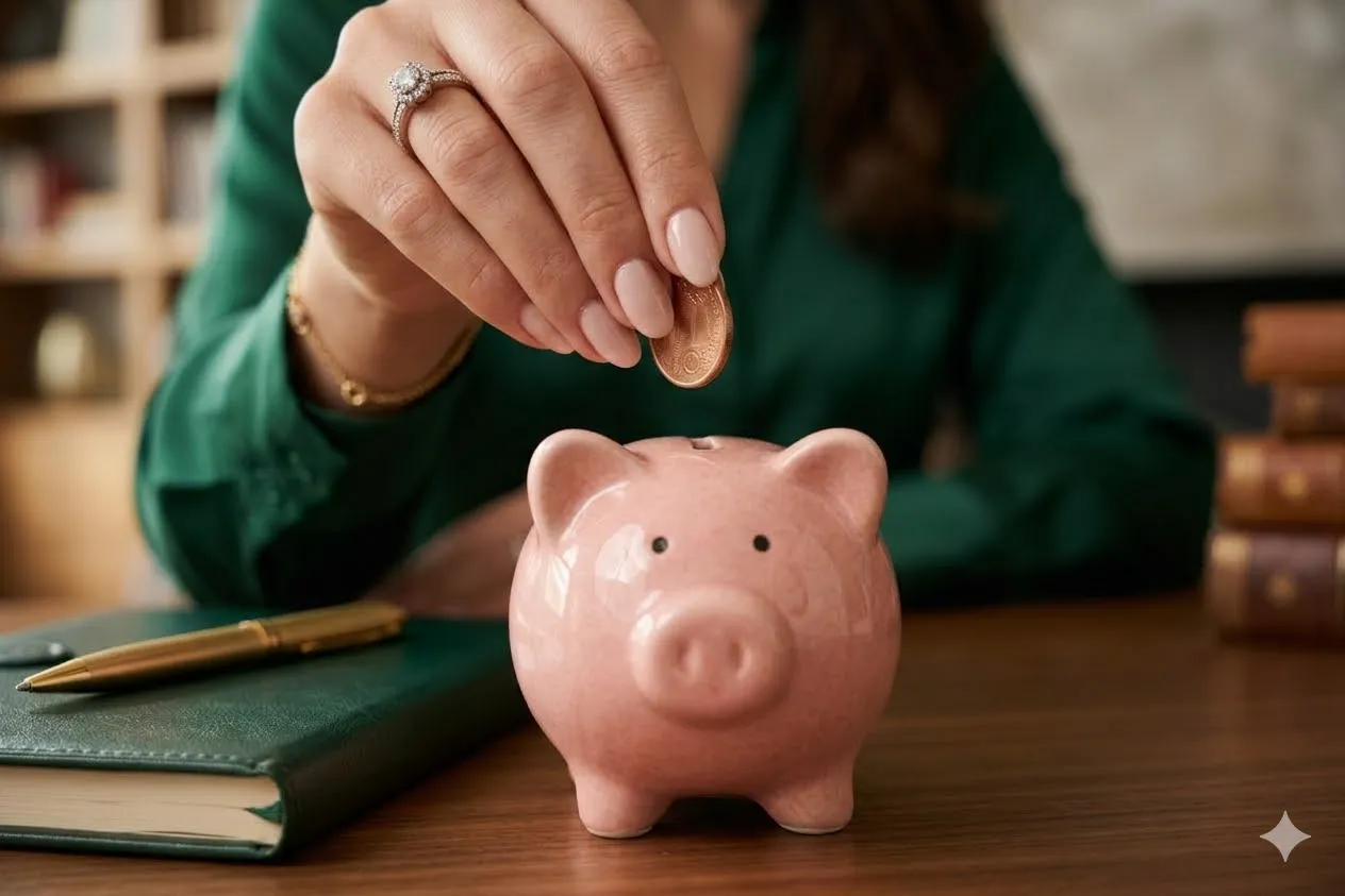 mulher colocando uma moeda no cofre