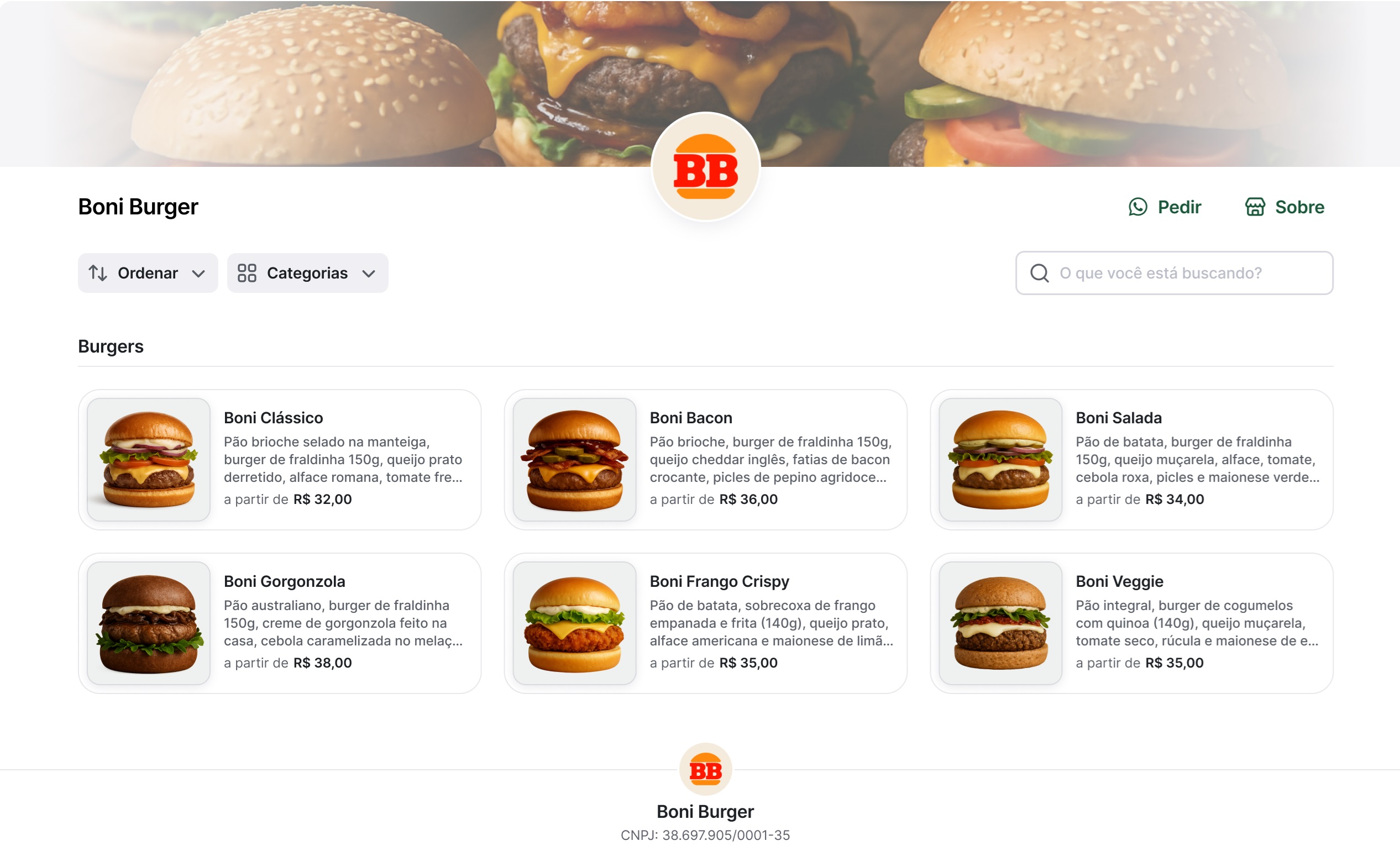 Catálogo de produtos online de hamburgueria