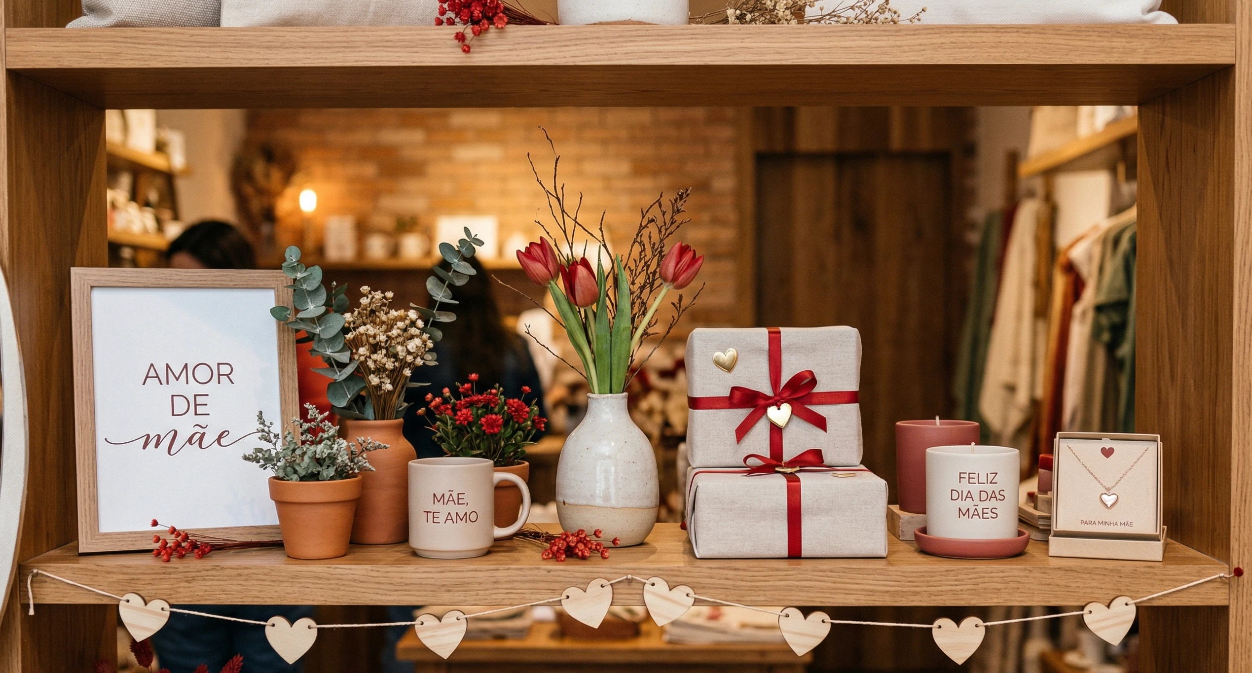 Prateleira de loja decorada para o Dia das Mães