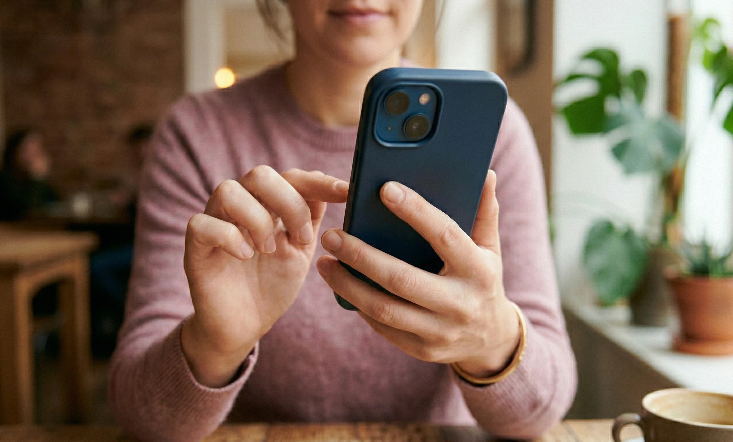 Mulher recebendo mensagem de Dia das Mães no celular