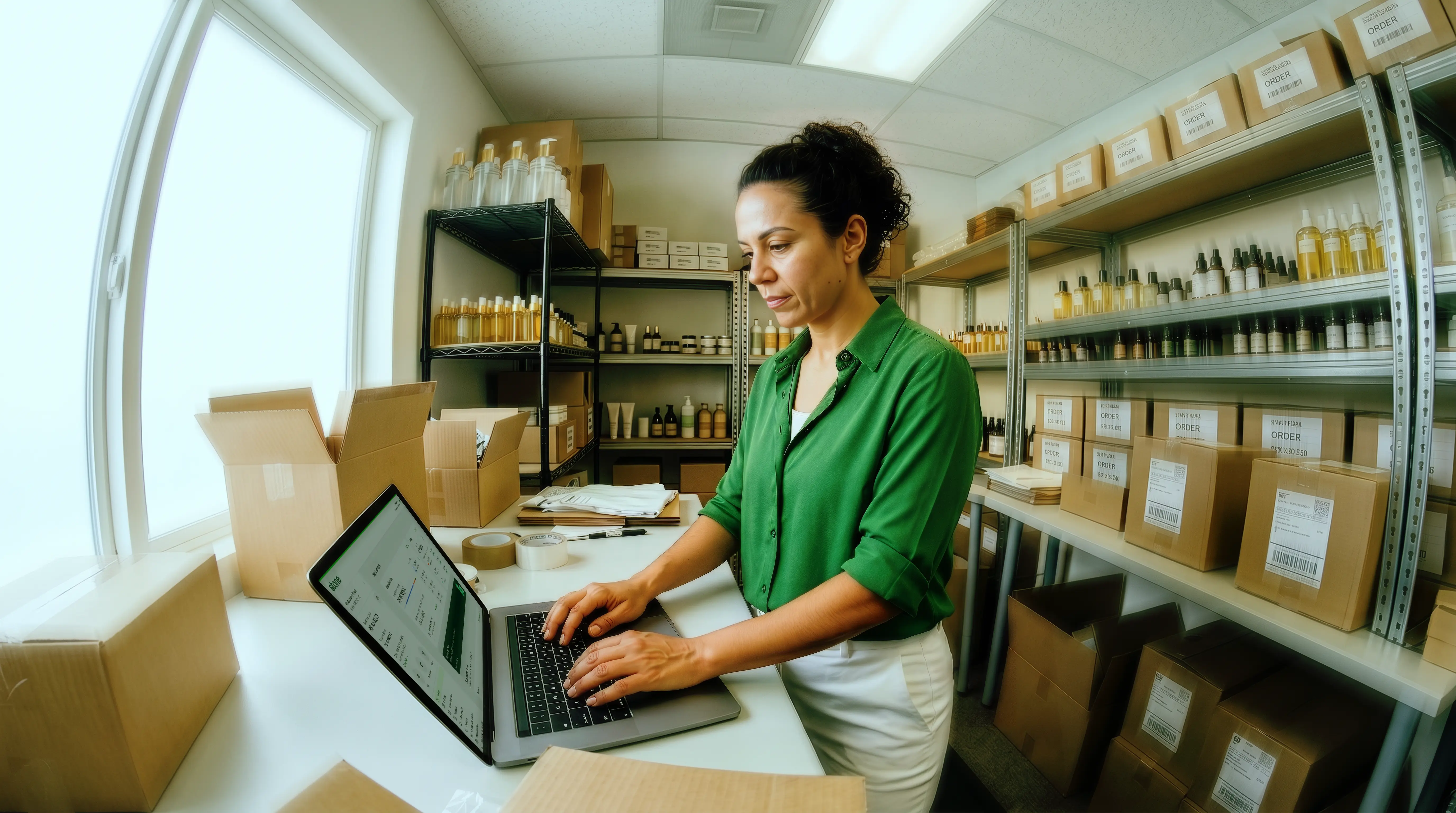 empreendedora acessando o sistema de gestão no notebook