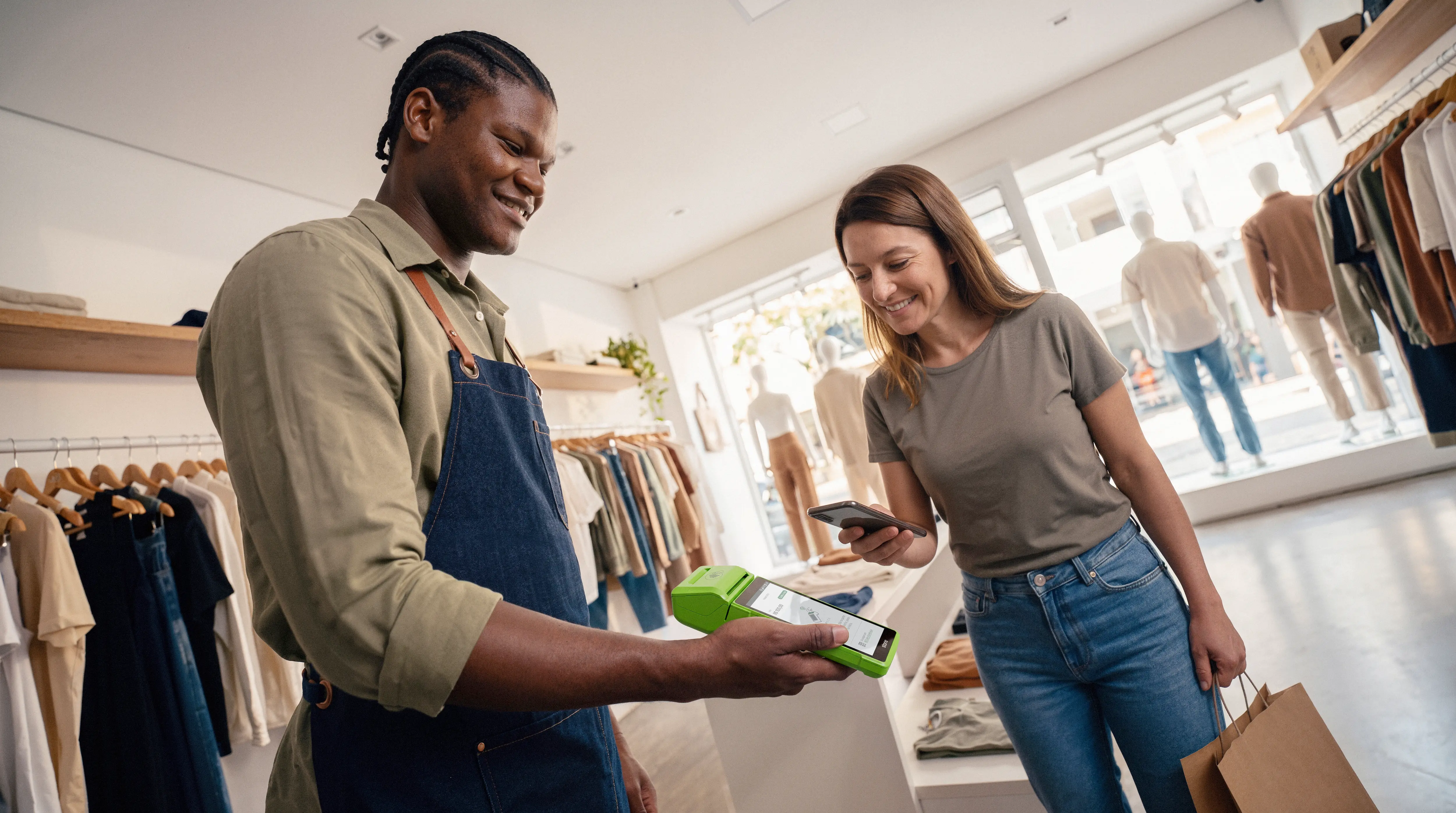 Cliente passando o cartão na maquininha em uma loja de roupas